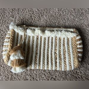 Large white and tan woven fringe clutch